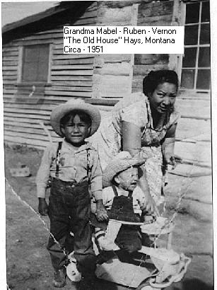 Grandma Mabel, Ruben, and Vernon at the "old house", Hays, Montana.